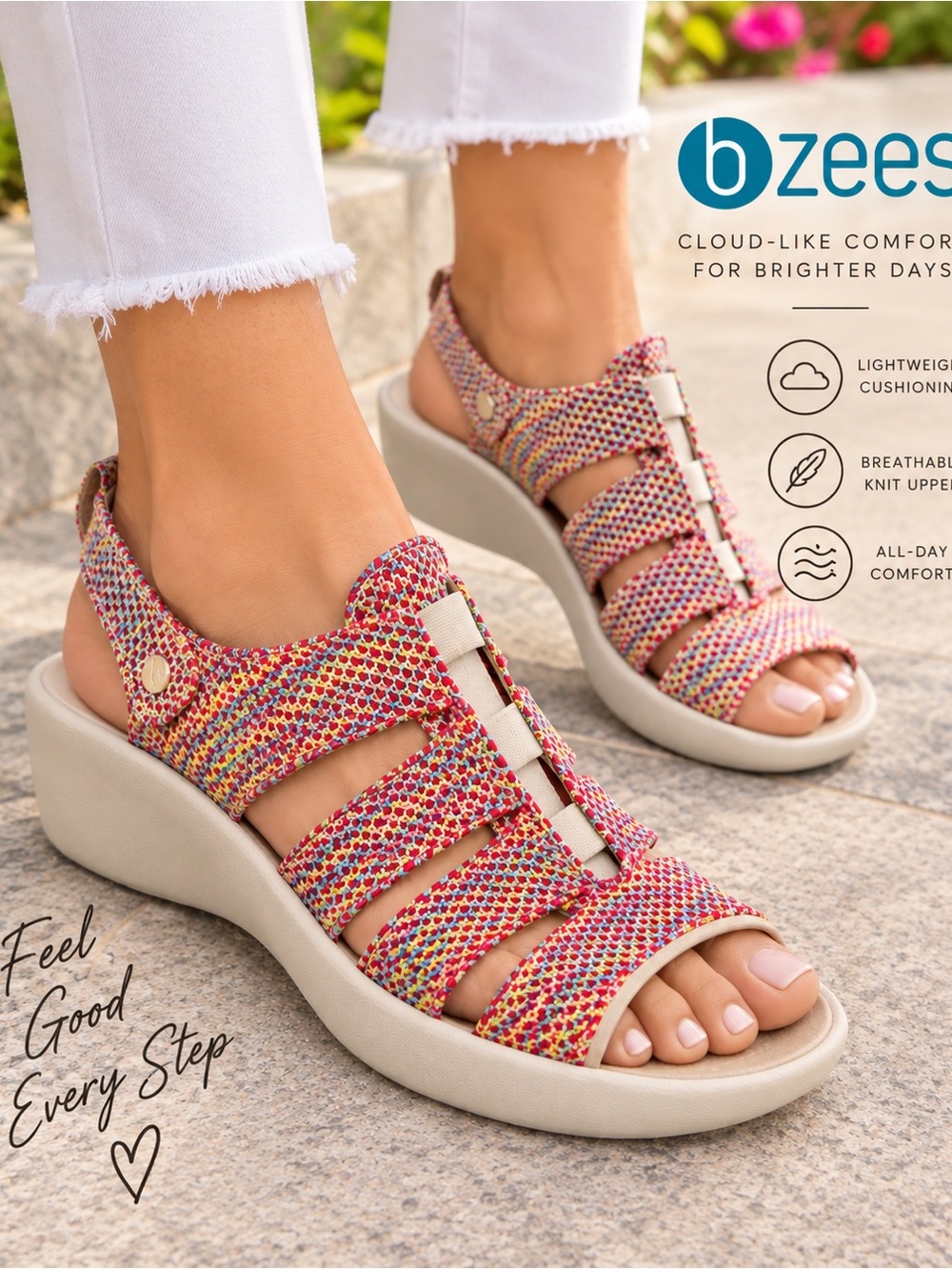 Bzees Women 9M Multicolor Fabric Comfort Casual Sandal Sling Back Wedge Open Toe